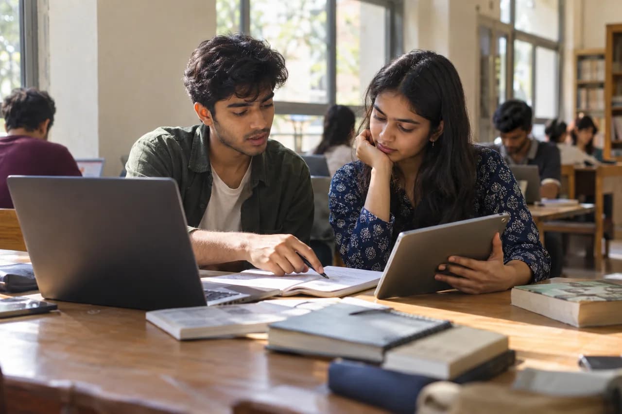 Two students comparing study resources on a laptop and tablet